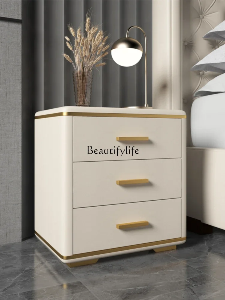 05 FG17Cream Bedside Table Simple Modern Light Luxury Solid Wood Storage Organizer Leather Three-Drawer Bedside Cabinet