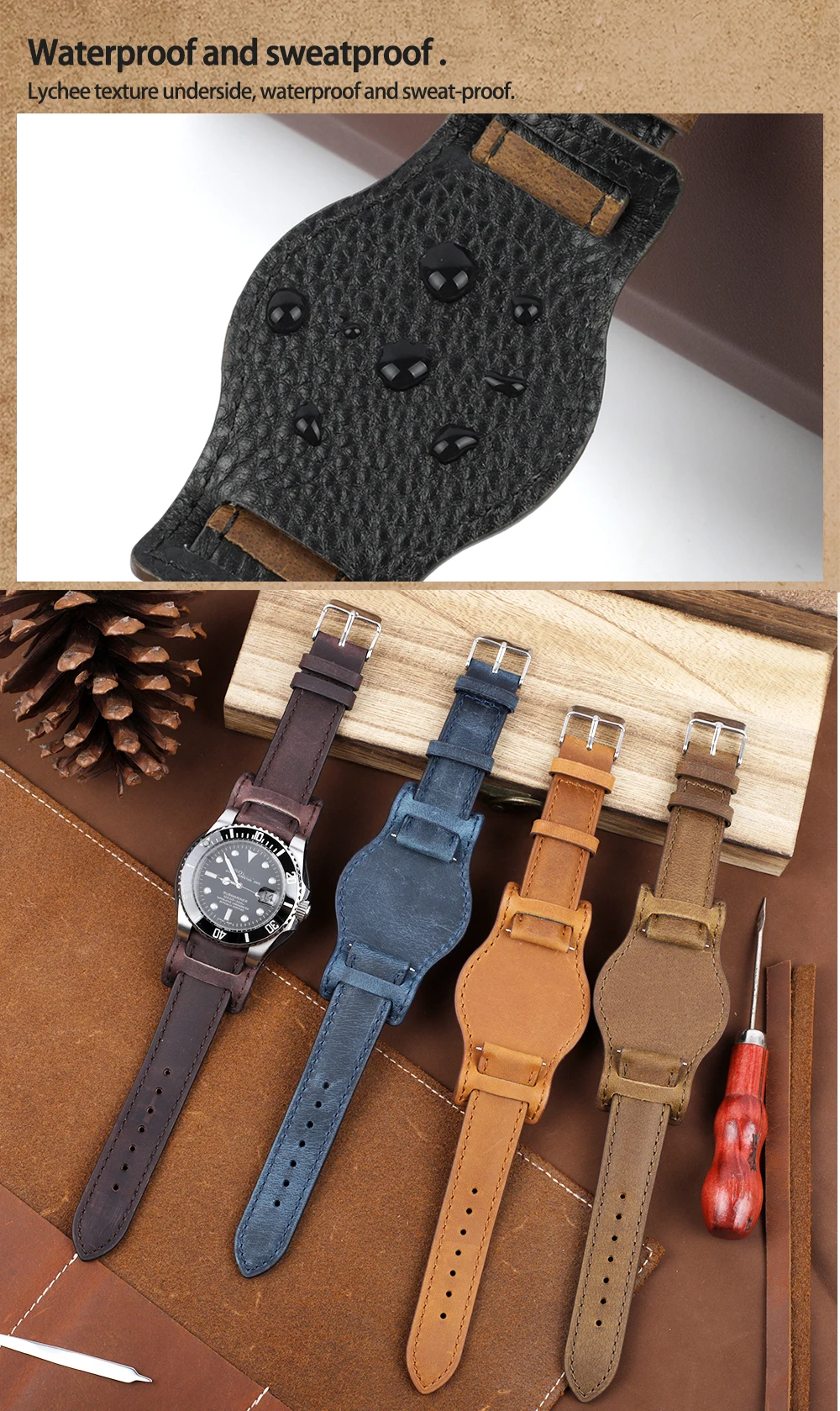 Handmade Crazy Horse Leather Watchband 18mm 19mm 20mm 21mm 22mm Watch Strap with Mat Genuine Leather Men Wristband Replacement