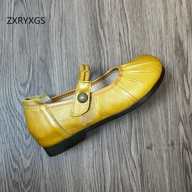 ZXRYXGS Head Layer Cowhide Cow Tendon Bottom Soft Wear Flat Shoe 2024 Autumn New Fashion Genuine Leather Shoes Woman's Flats