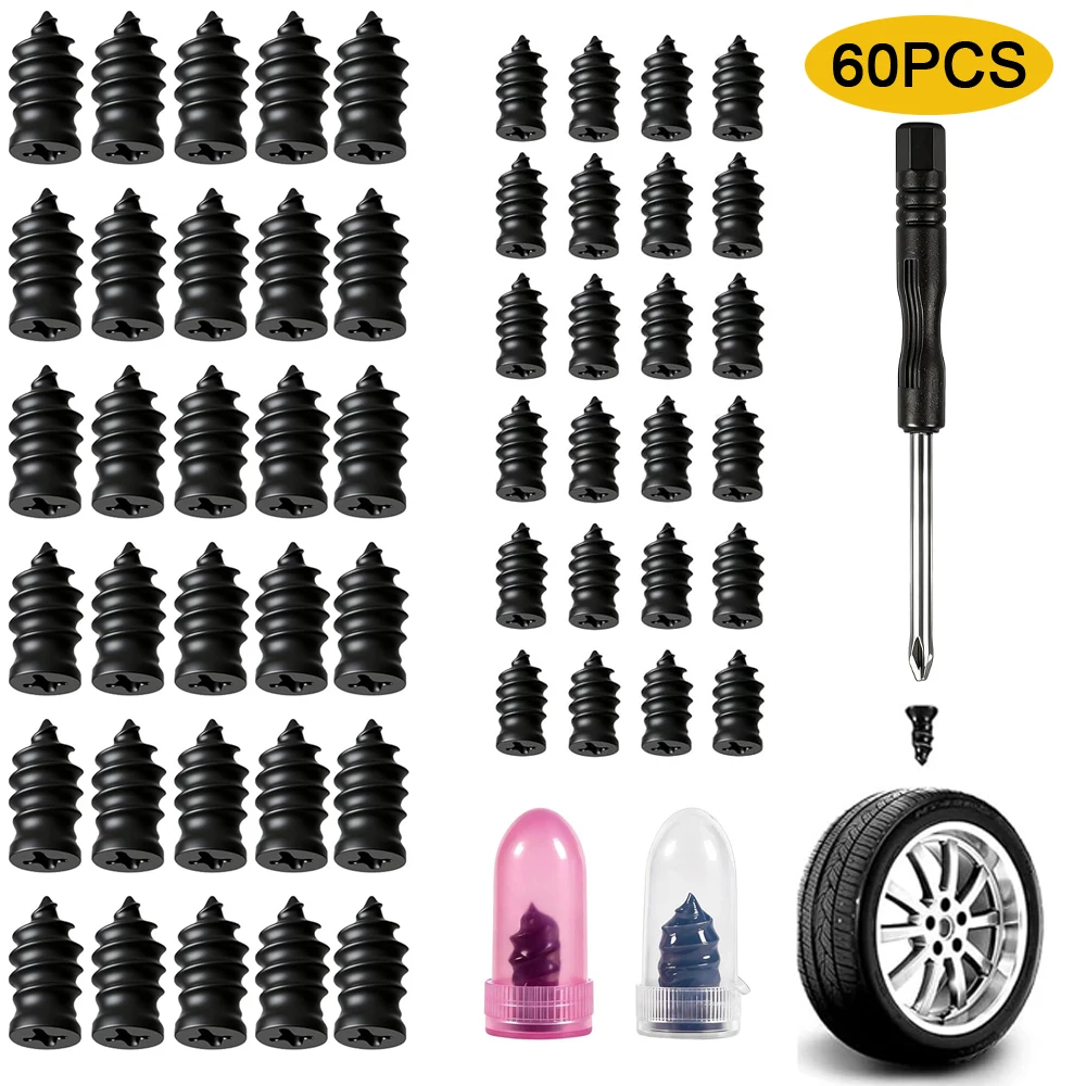 Tire Plugs Screw Type Tire Repair Rubber Nail Kit 2 Size Vacuum Tire Plug Kit Carbon Steel Center for Car Motorcycle Truck