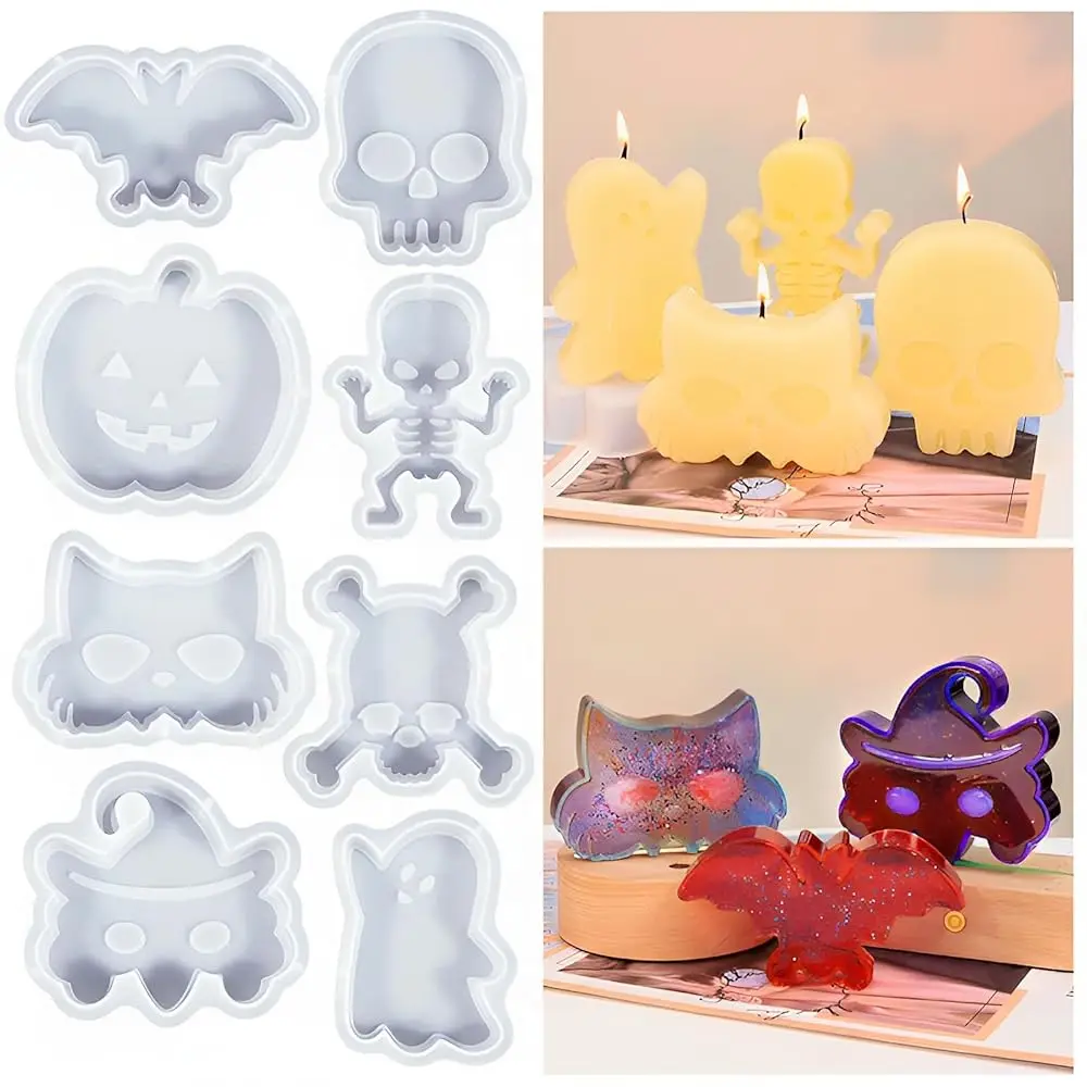 

8Pcs Skeleton Bat Ghost Pumpkins Shape Car Freshie Silicone Mold for Making Soap Aroma Beads Car Freshie Candle Pendant Resin