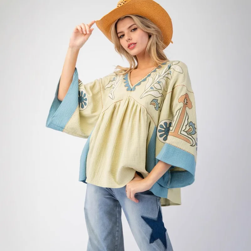 

Women Print Tops Flare Sleeve Loose T-Shirts T Shirt V Neck Casual Spliced Shirts Elegant Office Lady Summer 2025 Slight Strech