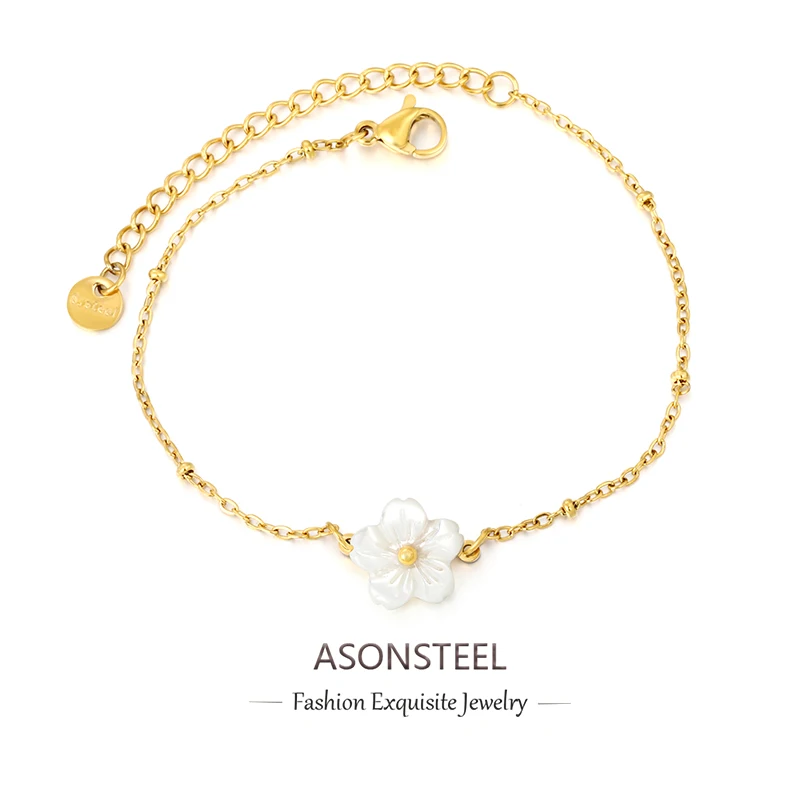 ASONSTEEL 316L Edelstahl Armband mit weißen Muscheln in Blumenform, goldenes Armband, handgefertigtes Accessoire, Hochzeitsschmuck, Modeschmuck