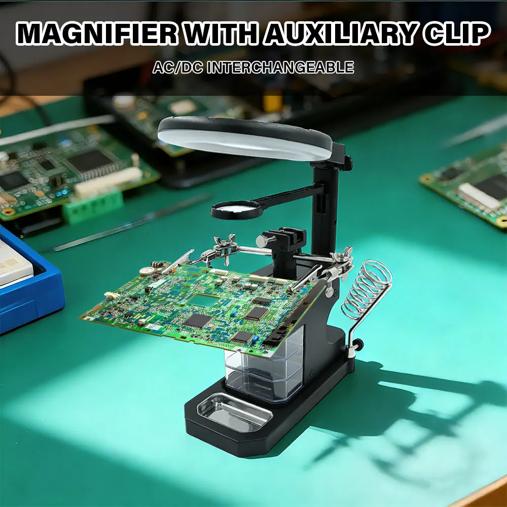 

Настольная лупа 2.5X 4X 16X для паяльной станции, регулируемая, с подсветкой LED и зажимами типа «крокодил»