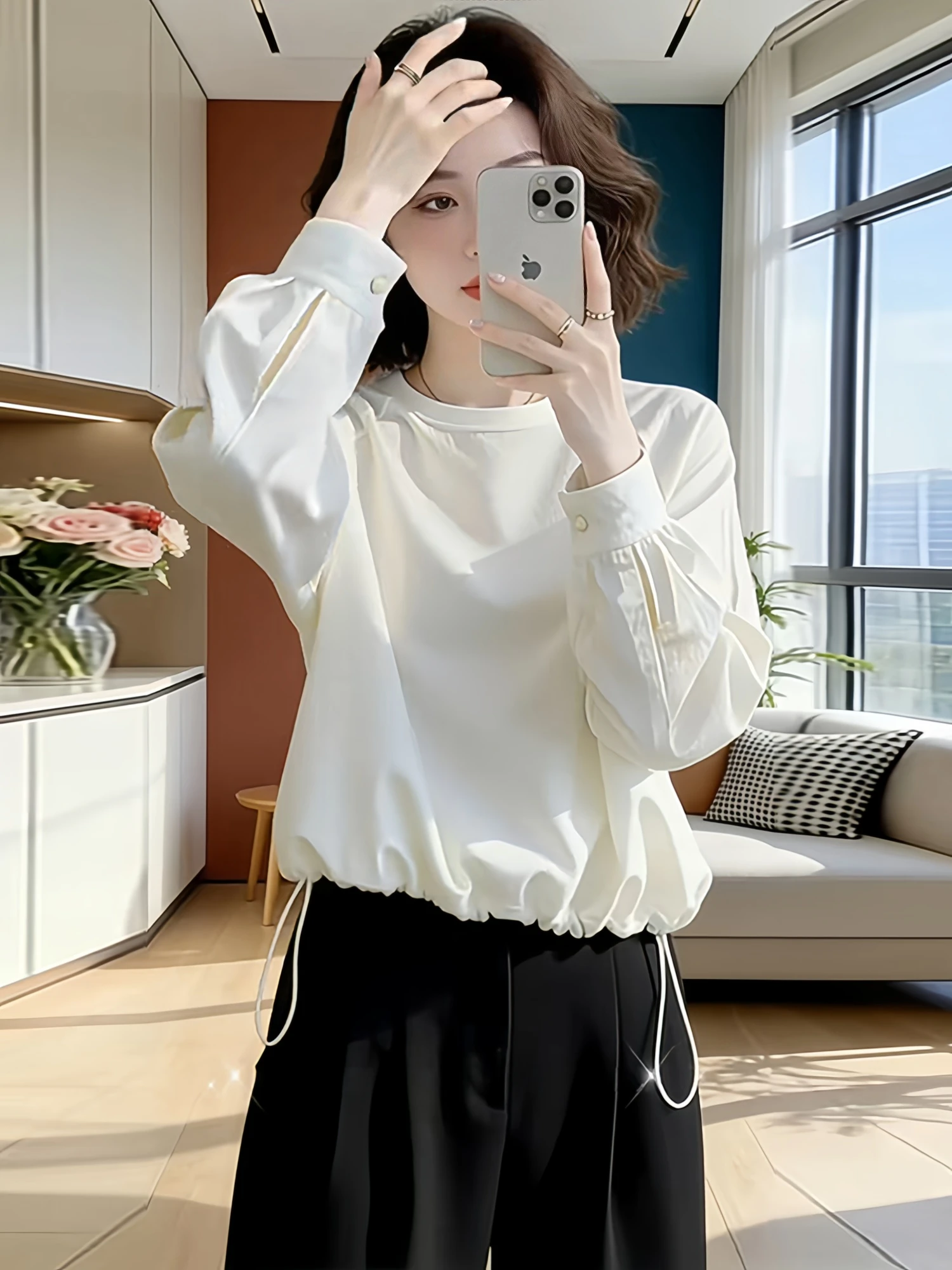 White round Neck Drawstring Waist Long Sleeve Shirt Women's Summer Unique Loose Top Korean Style Commute Fashion Single Piece