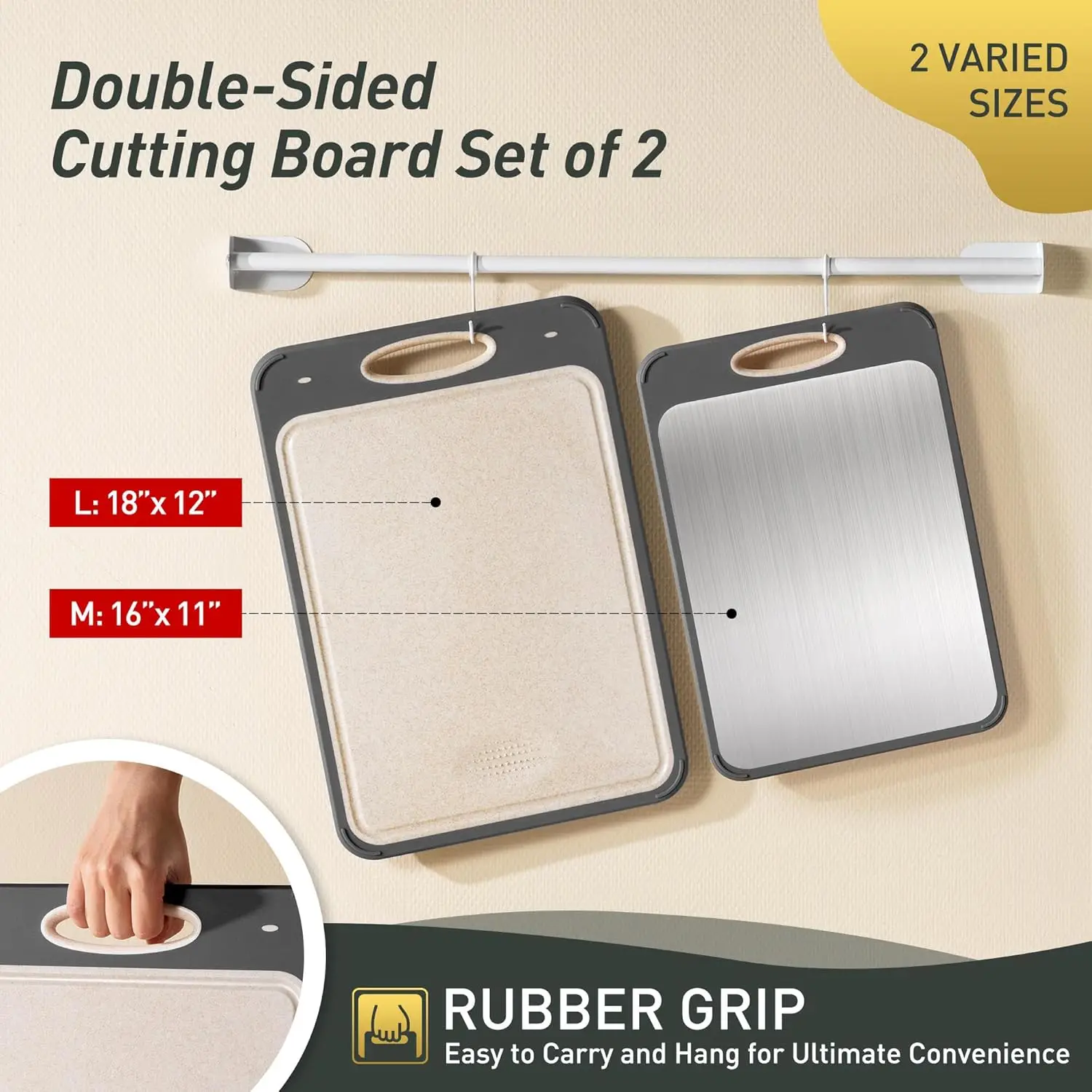Conjunto de tábua de corte de aço inoxidável de 2 pacotes, tábua de cortar de metal dupla face para carne/frutas/legumes, presente de cozinha de qualidade alimentar