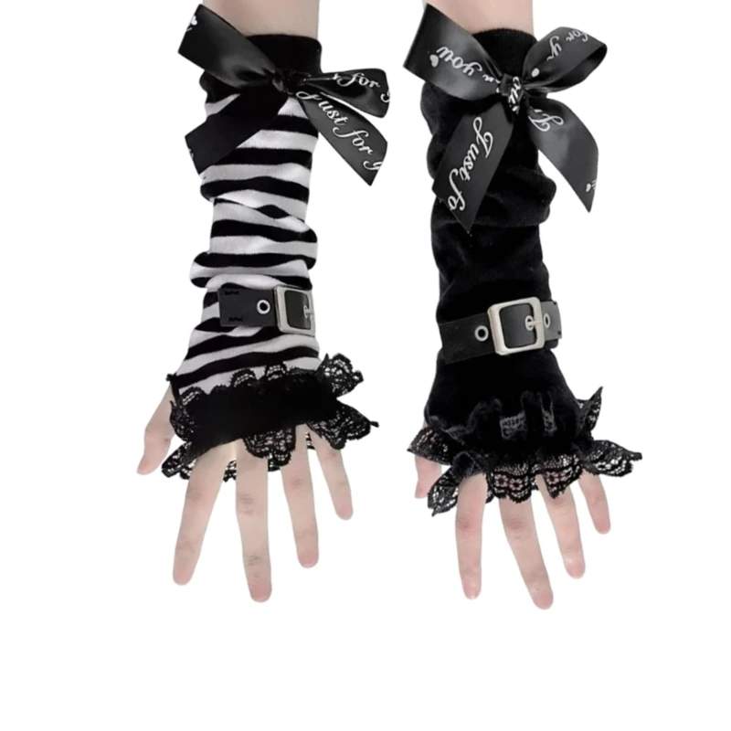 2000s Frauen Punk Bowknot Spitze Handschuhe Teenager Mädchen finger lose dehnbare gestrickte Arm handschuhe Maskerade Karneval Party sammeln Requisiten