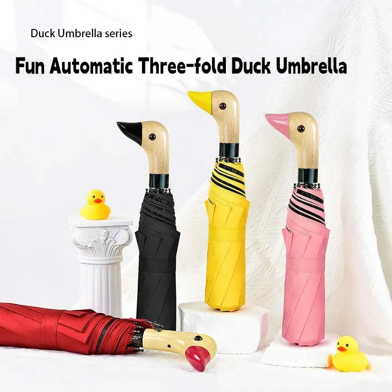 

Three-fold Duck Head Umbrella, All-Weather Wooden Handle Sun Protection Parasol with Black Coating, Cute Automatic Duck Umbrella