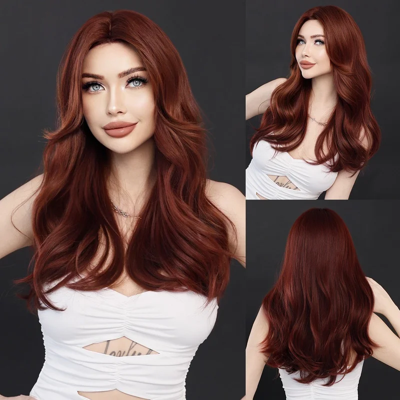 Raspberry red long curly hair lady's wine red parting wig wavy style