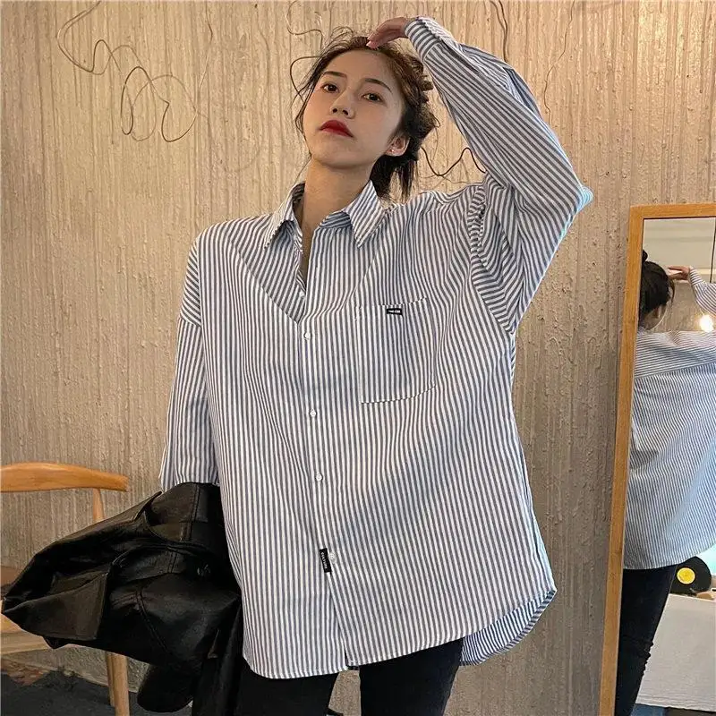 High Street Striped Loose Blouse Spring Autumn New Long Sleeve Polo Neck Vintage Youth Shirt Tops Fashion Casual Women Clothing