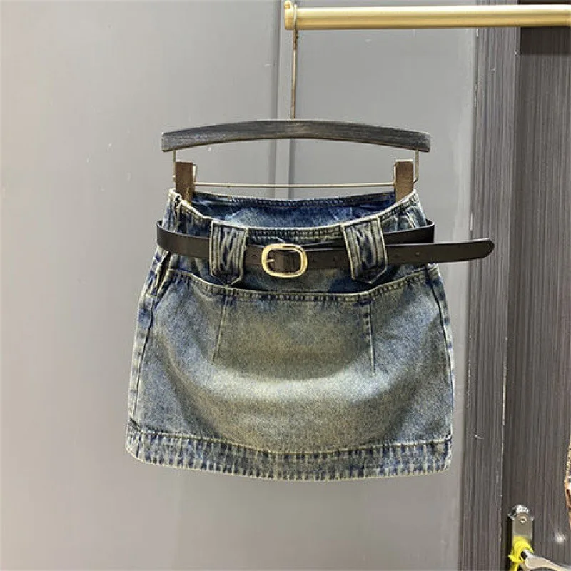 

side zipper high waisted denim short skirt for women in summer, retro washed white blue, one-step hip hugging half body skirt