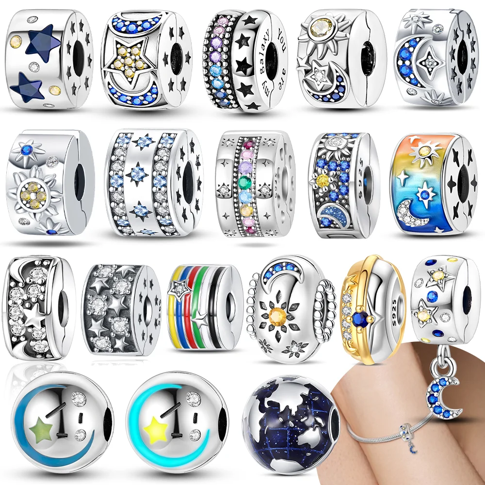 Star Moon Sun Earth Luminous Clip Beads Original Charms Silver Plated Beads Fit Bracelets Bag Keychain Charms Diy Women Gift