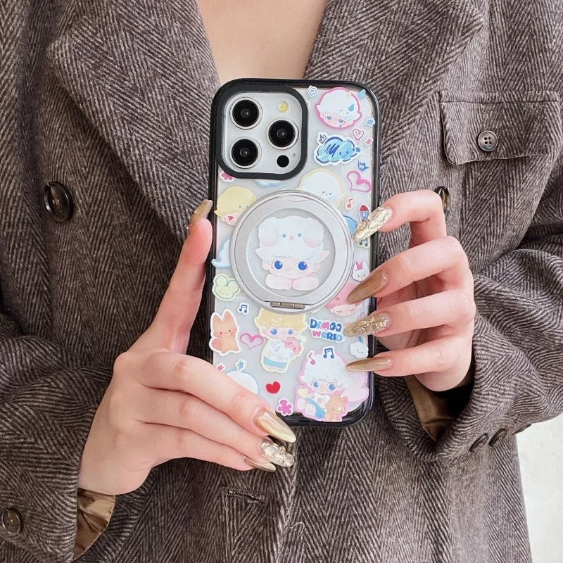 

Cartoon Doll Cloud Rotating Stand Black Border Phone Case Cover for IPhone 14 15 16 Pro Max Case