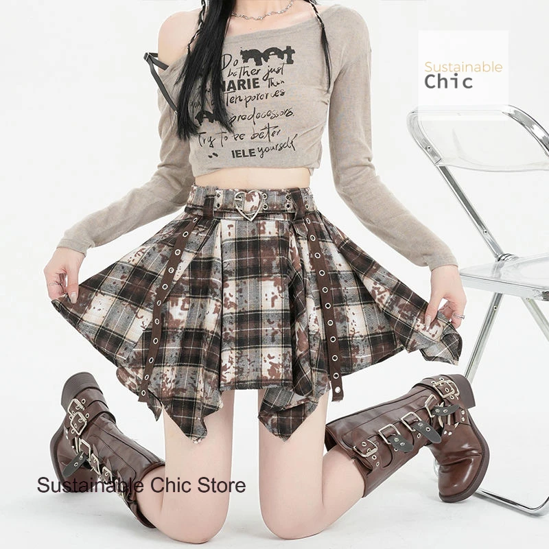 American plaid retro old spice pleated skirt women's summer new fashion temperament irregular contrast plaid casual A-line skirt