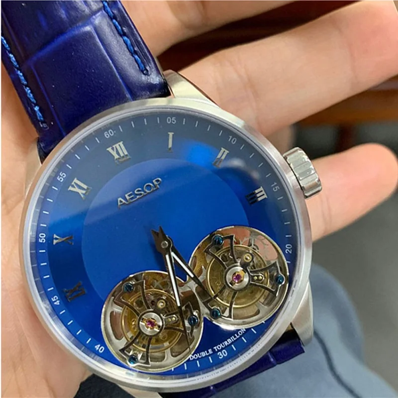 Aesop Mens Casual Stainless Steel Skeleton Double Tourbillon Automatic Self-Wind Wristwatch Mechanical Sapphire Crystal Clock