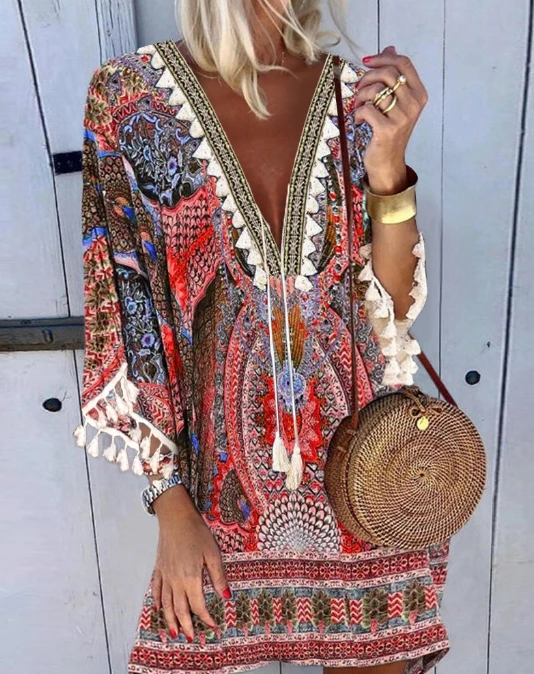 

Women's Summer Short Skirt V-Neck Lace Patchwork Retro Fashion Tribal Niche Vacation Leisure Tourism Tassel Printed Dress