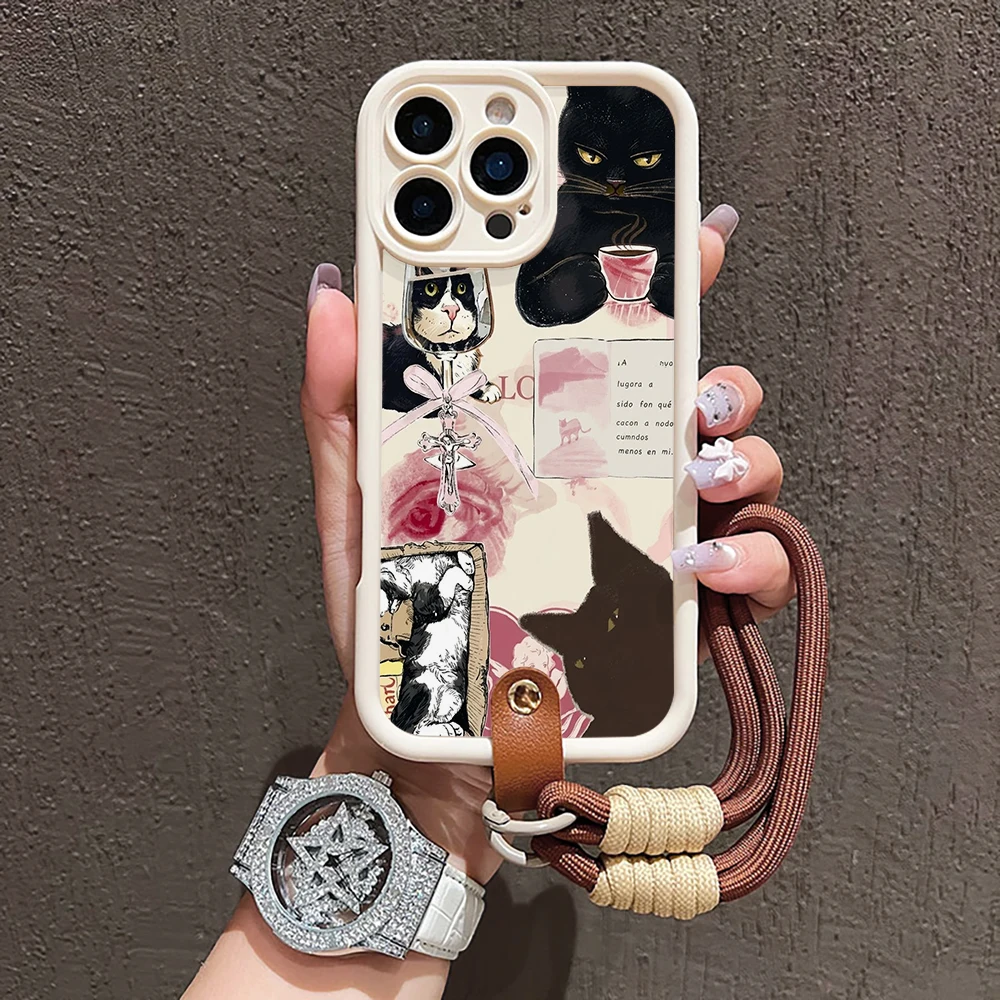 Retro-Katzen-Collage-Silikon-Handyhülle für iPhone 17 16 17 Pro 15 14 13 12 11 Pro Max 16E 7 8 Plus XR XS mit Lanyard, niedliche Hülle – Detail 1