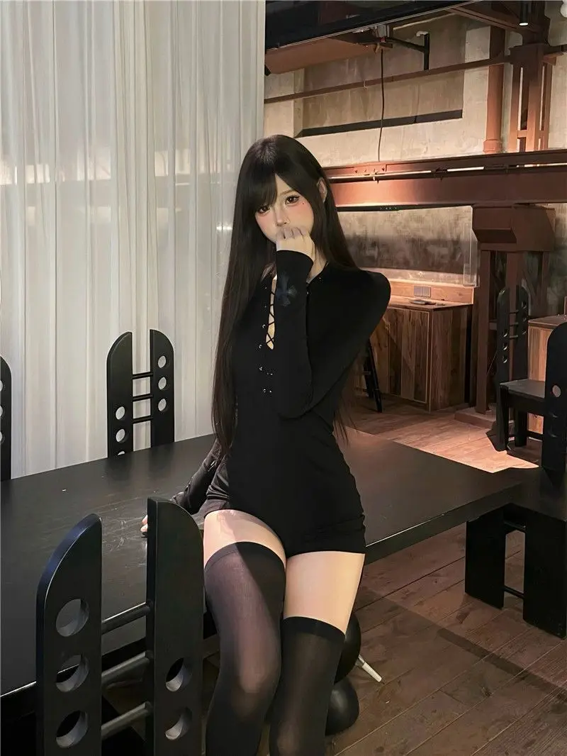 미국 스타일 섹시 블랙 V넥 롱 슬리브 원피스 여성 봄 가을 겨울 슬림핏 힙업 하이웨이스트 출퇴근룩