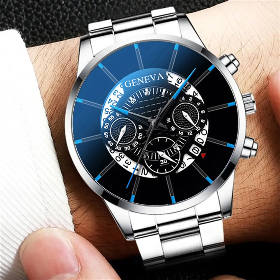 3PCS Set Fashion Mens Business Watches Men Casual Silver Bracelet Necklace Stainless Steel Quartz Wrist Watch Relogio Masculino