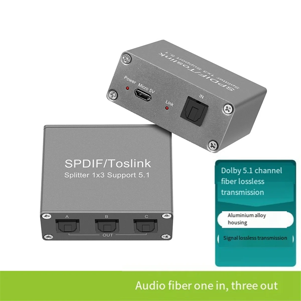 Divisor de áudio óptico digital, 1 em 3 Out Splitter, suporte 5.1, SPDIF TOSLINK, fibra óptica