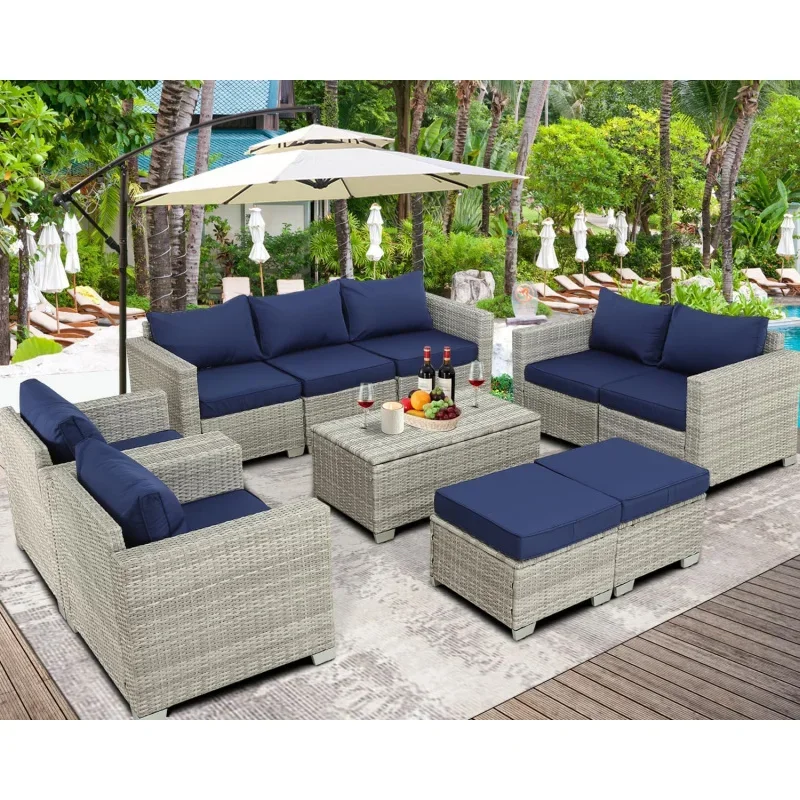 Qoutdoor PE wicker patio furniture rattan sectional loveseat couch set conversation sofa with storage box for balcony lawn a