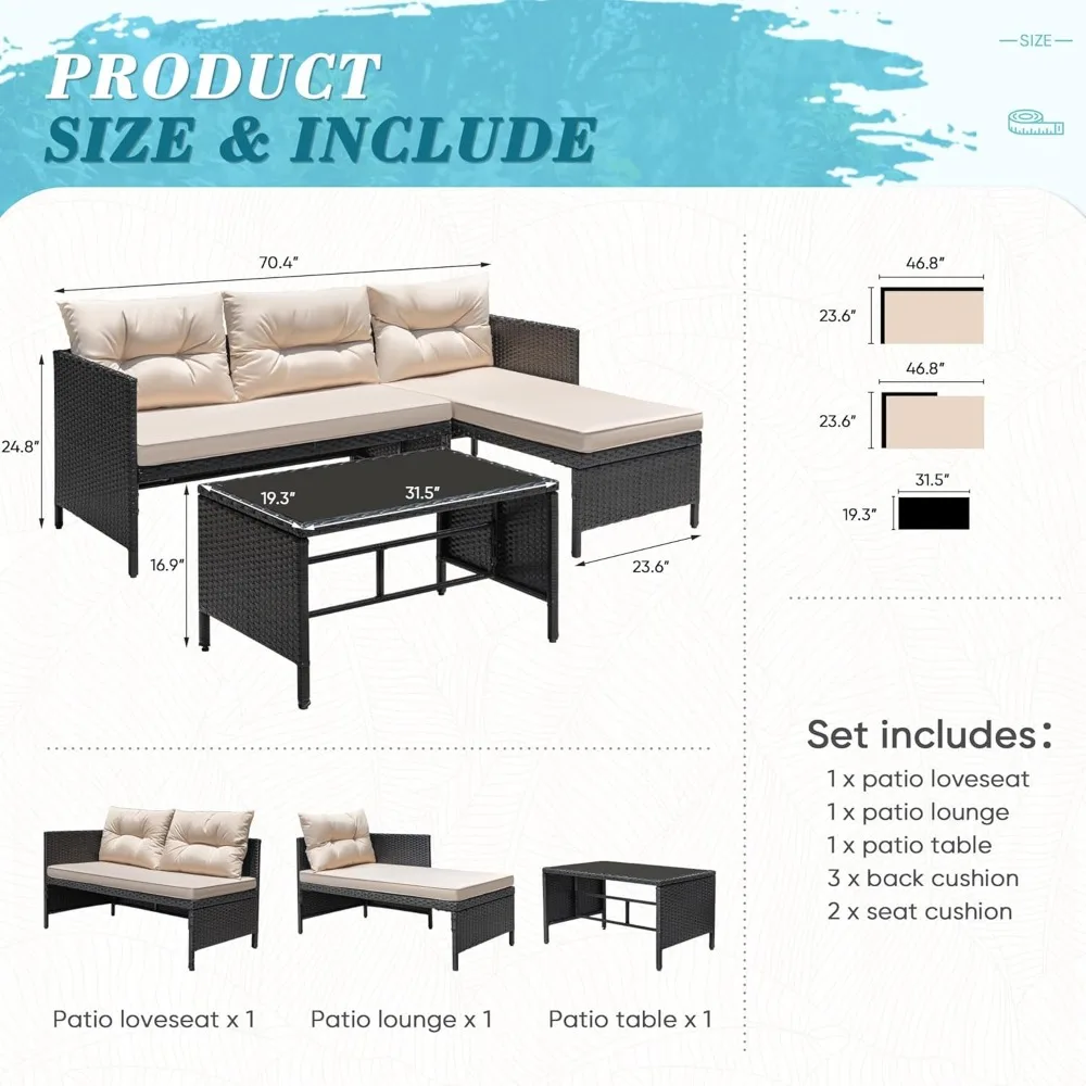 مجموعة أثاث الفناء المكونة من 3 قطع من Greesum أريكة مقسمة من الخيزران مع وسائد وطاولة قهوة للفناء والحديقة والشرفة، P