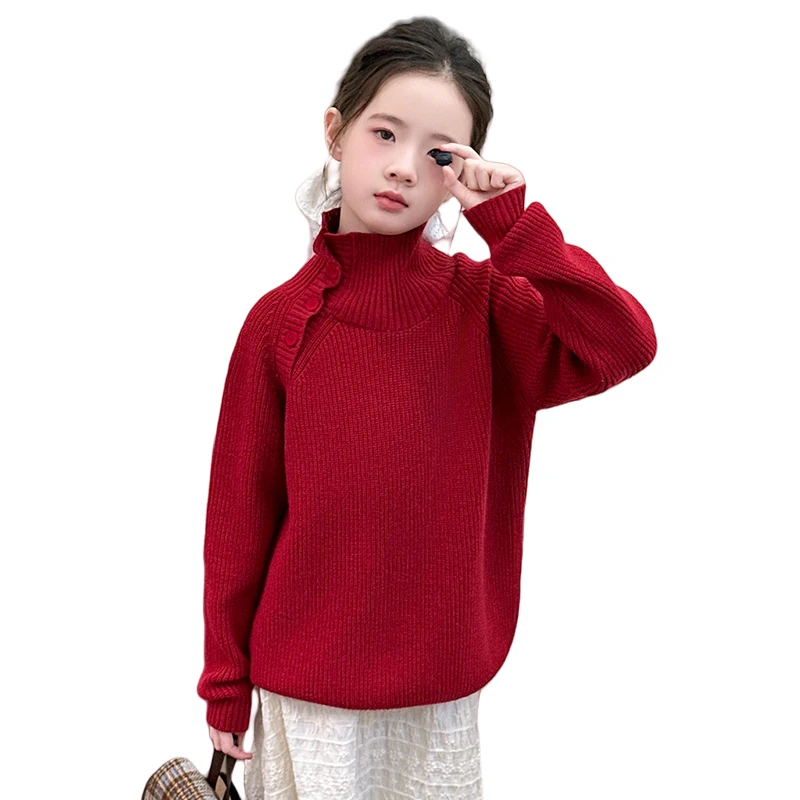 

Slim Fit Princess Kids Red Turtleneck Sweater With Buttons For Girls Fashion Spring Knitted Clothes Outfit Child Street Knitwear