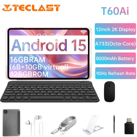 Teclast T60Ai 태블릿 (올위너 A733 8코어/6GB 램/128GB 롬/12인치/8000mAh/안드로이드 15) 키보드 및 액세서리 번들 포함