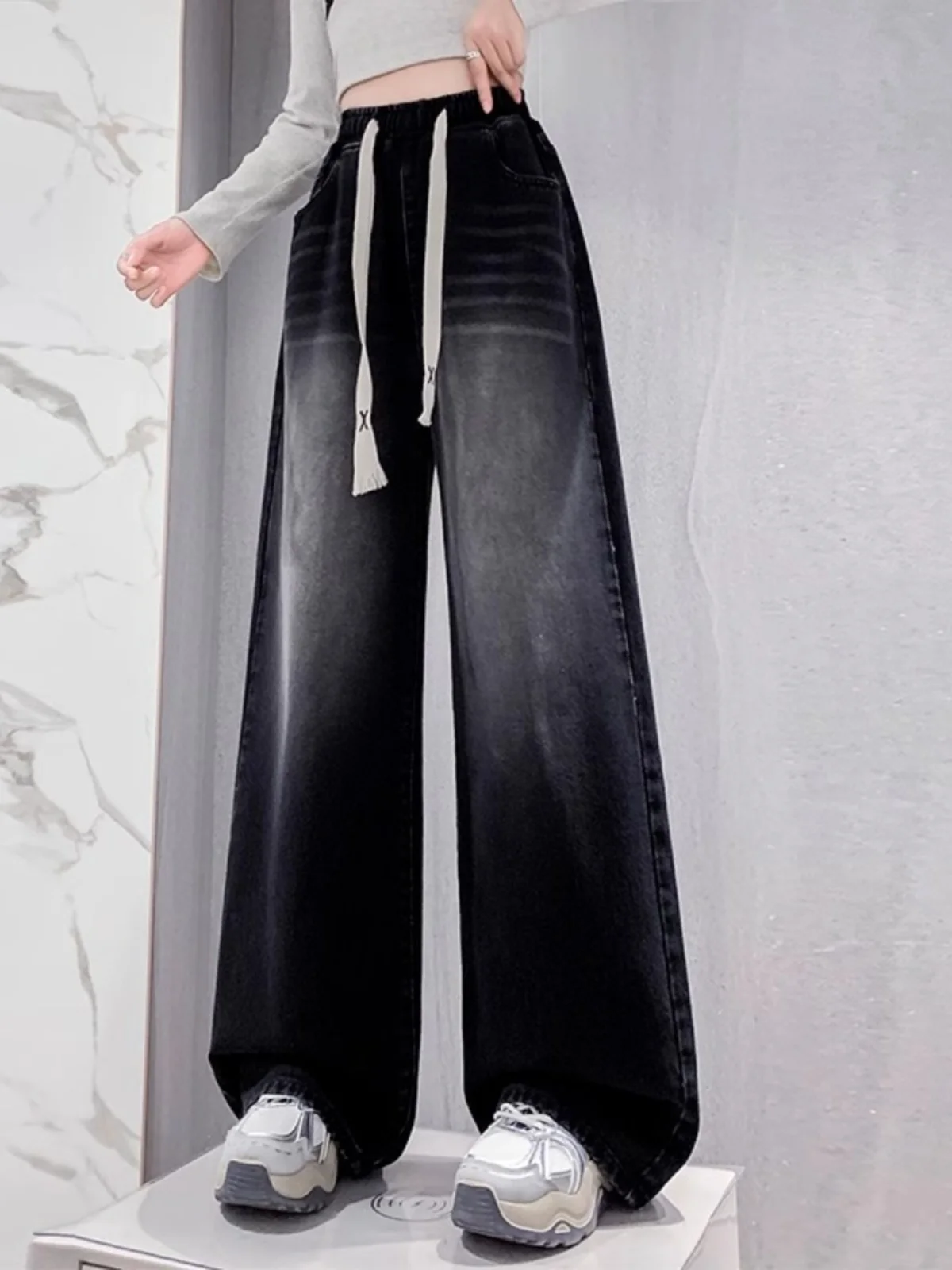 Fall American Wide Leg Denim Jeans Women's plus Size Elastic Waist 2024 New High Waist Black Slim Straight Floor-Length Pants