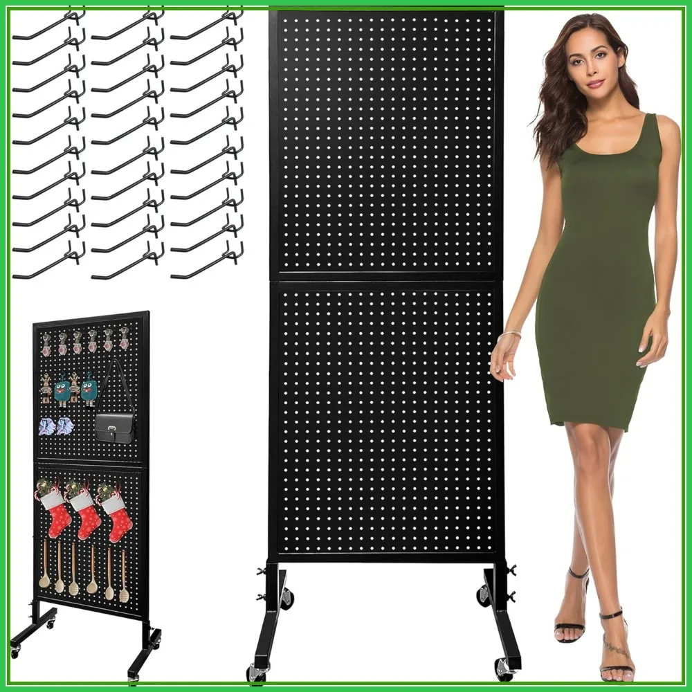 

Двухуровневая металлическая перфорированная панель-стойка на колесиках, 5,5 футов, черная, с 30 крючками