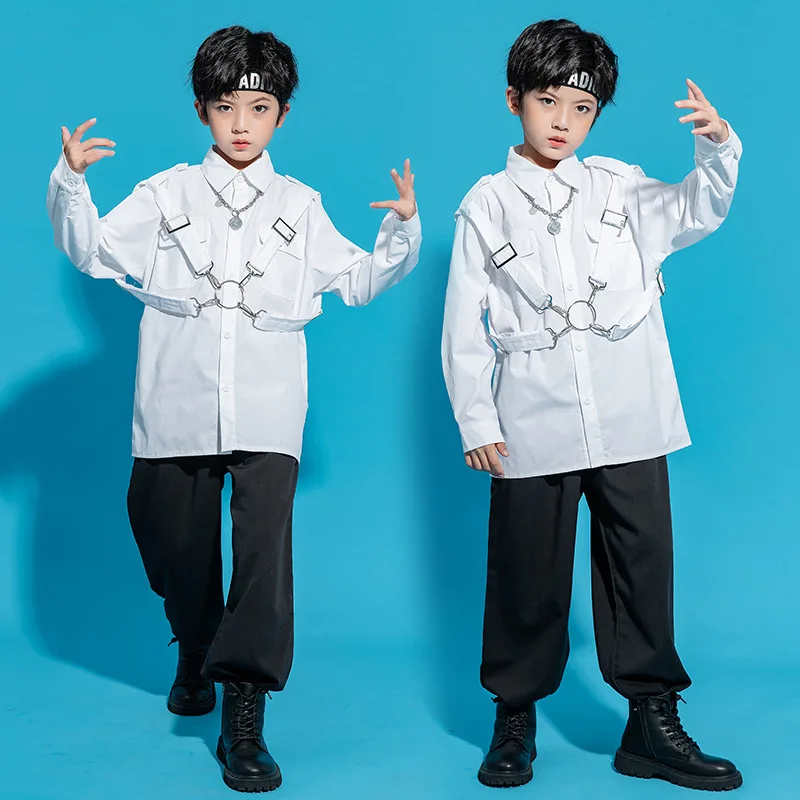 Kid Cool Hip Hop Clothing White Strap Buckle Front Shirt Top Casual Street Wide Pants for Girls Boys Jazz Dance Costume Clothes