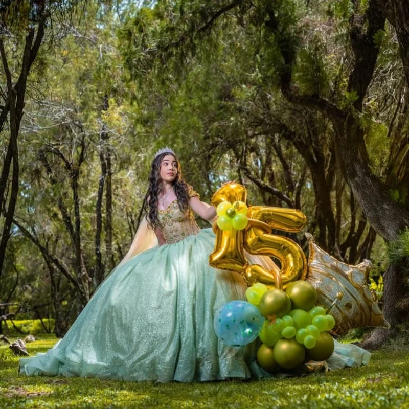 ที่กําหนดเองเงา Mint สีเขียว Quinceanera ปิดชุดไหล่ Tull คริสตัล applique ลูกปัดดอกไม้ Vestido De 15 Quinceanera