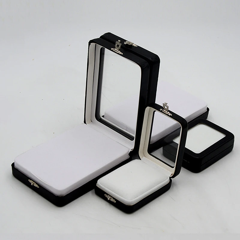 

Новая черная коробка из искусственной кожи с пряжкой для хранения ювелирных украшений, с прозрачным окошком для демонстрации