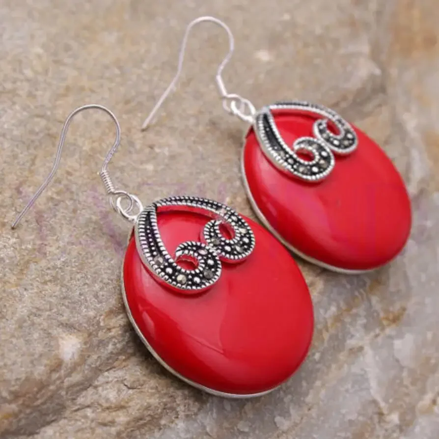 

Fashion jewelry whosale oval red Natural Stone women 925 sterling silver fashion earrings