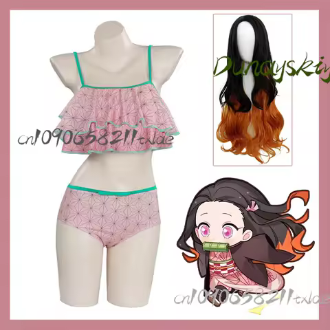 Nezuko Swimsuit Cosplay Set Swimsuit Wig Summer Beach Halloween Anime Convention Outfit
