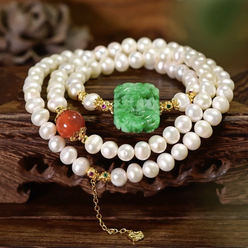 Natural Freshwater Pearl Bracelet Grade A Green Hollow Jadeite Nanhong Agate Gold Plated S925 Silver Chinese Women Wrist Jewelry