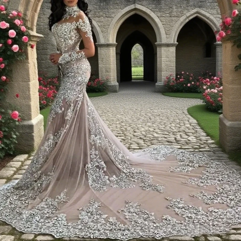 

Luxury Sparkly Mermaid Wedding Dress Sexy Sheer Bling Beads Lace Applique High Neck Illusion Long Sleeve Champagne Bridal Gowns