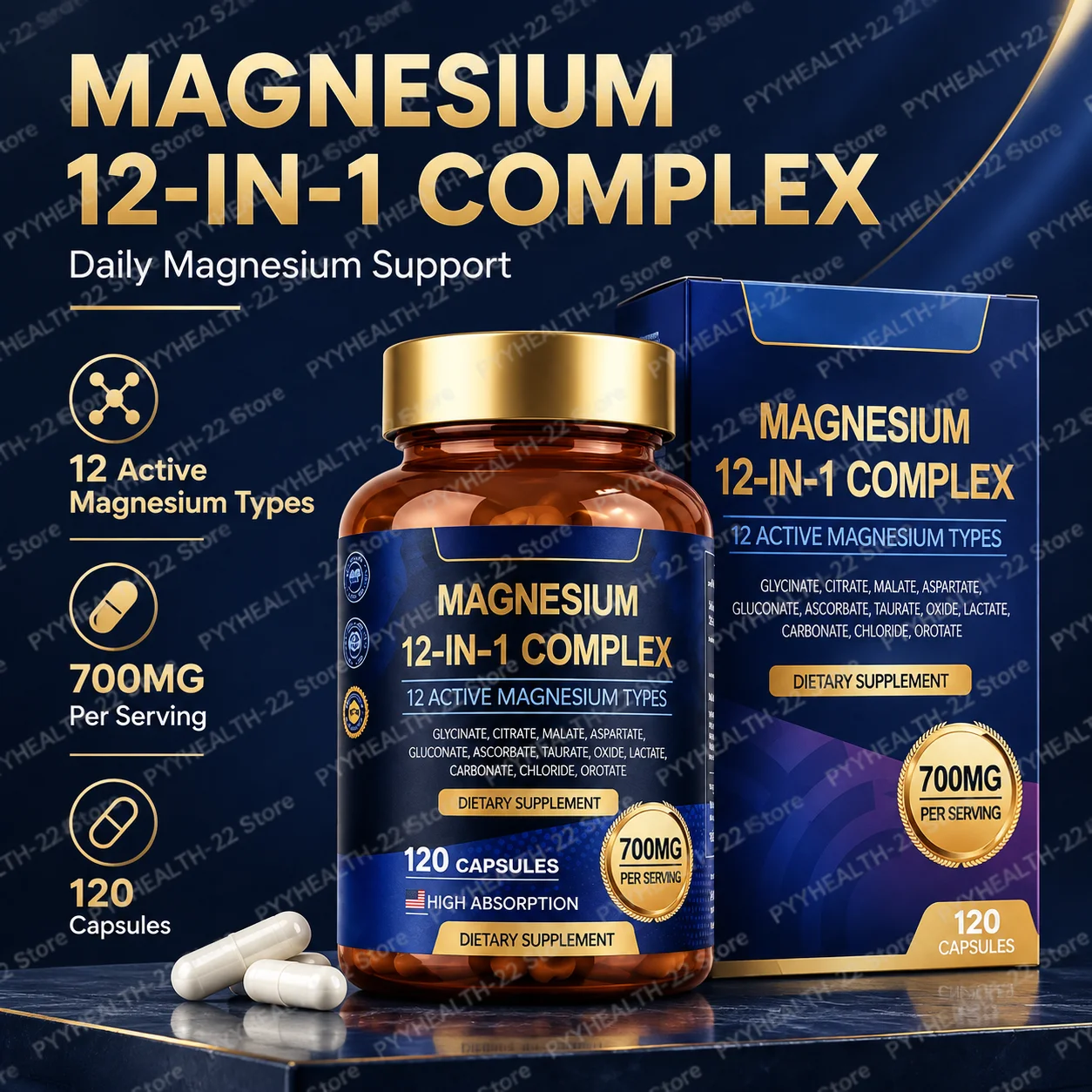 Magnesium Complex Capsules 700mg Per Serving with Glycinate Citrate Malate Taurate Vegan Formula Daily Wellness Supplement 120Ct