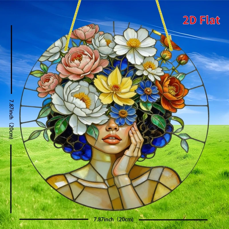 Round Acrylic Hanging Ornament Stained Glass Style Woman With Flowers Window Wall Decor