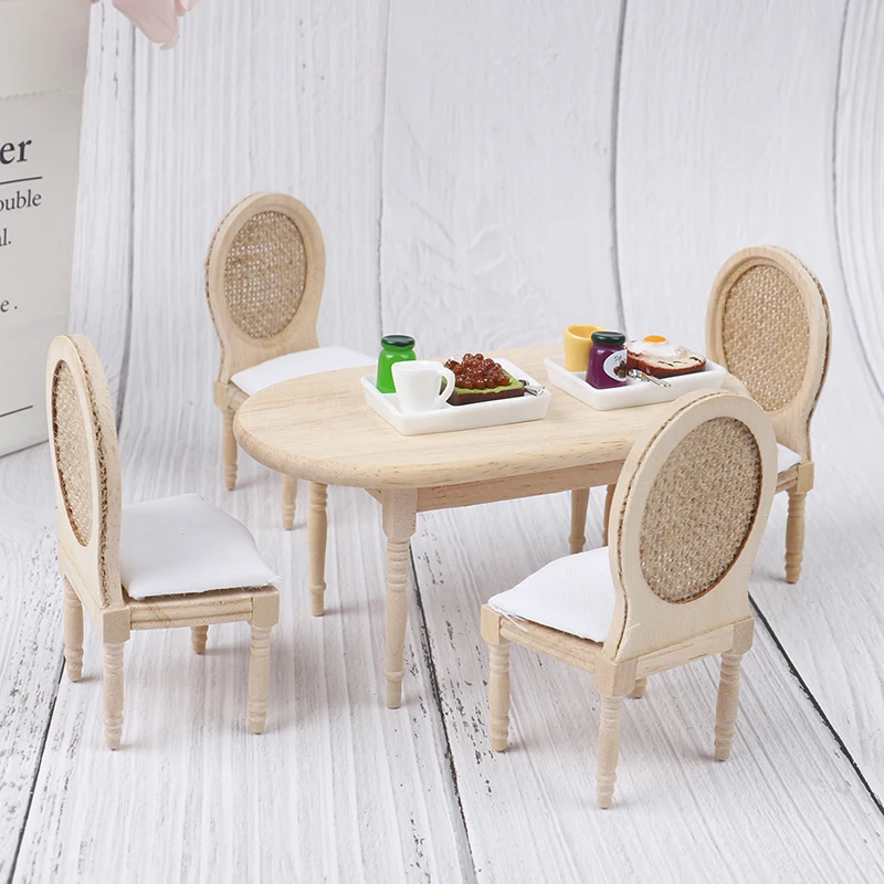 5Pcs/Set 1:12 Dollhouse Miniature Wooden Dining Table Chair Set Doll House Kitchen Furniture Toy