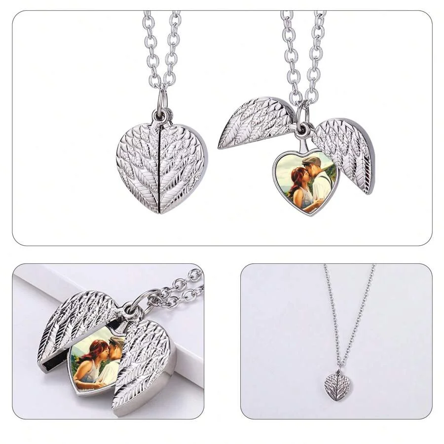 Custom photo pendant commemorative necklace, personalised heart-shaped photo angel wing pendant necklace, personalised gift