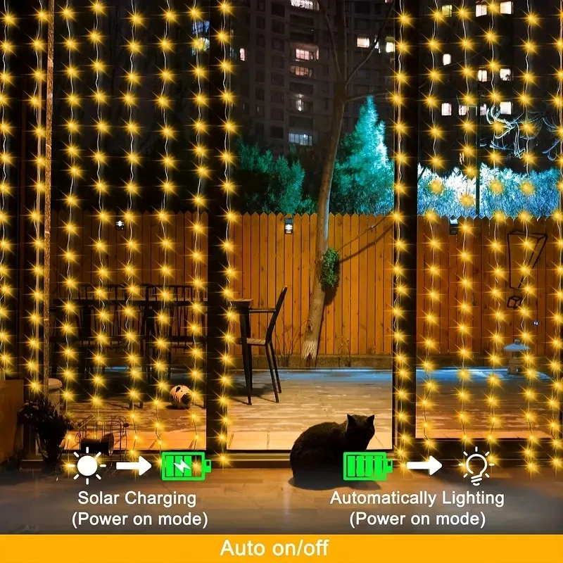 Solar Curtain Lights LED Waterfall Light with 8 Modes Fairy String Lights for Outdoor Christmas Party Holiday Wedding Decoration