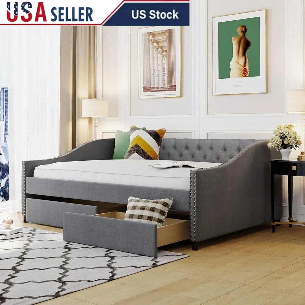 Upholstered Full Size Daybed with Storage Wood Frame Headboard Comfort Durable Slat Support Easy Assembly Dormitory Bedroom