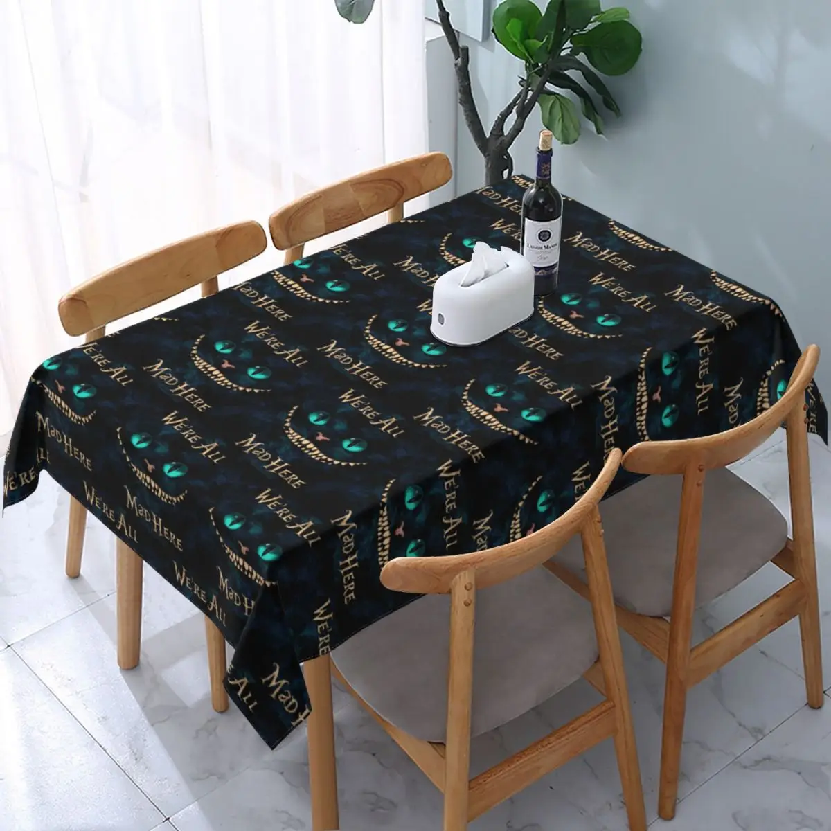 Customized Alice In Wonderland Tablecloth Rectangular Fitted Waterproof Cheshire Cat Table Cloth Cover for Party