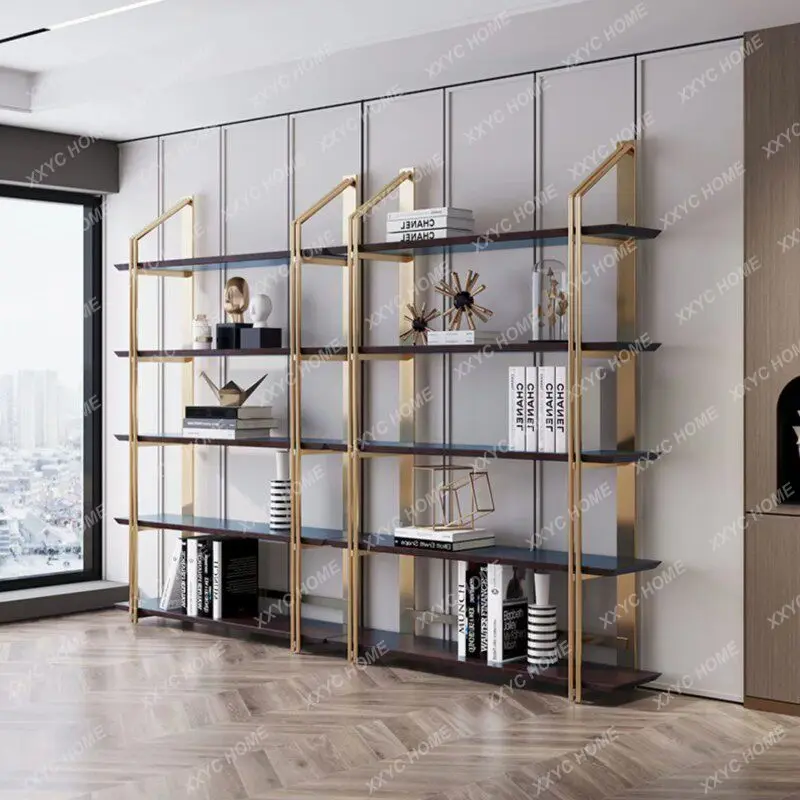 

Modern minimalist bookshelf display rack - floor standing, stainless steel, creative design for office, living room, and partiti