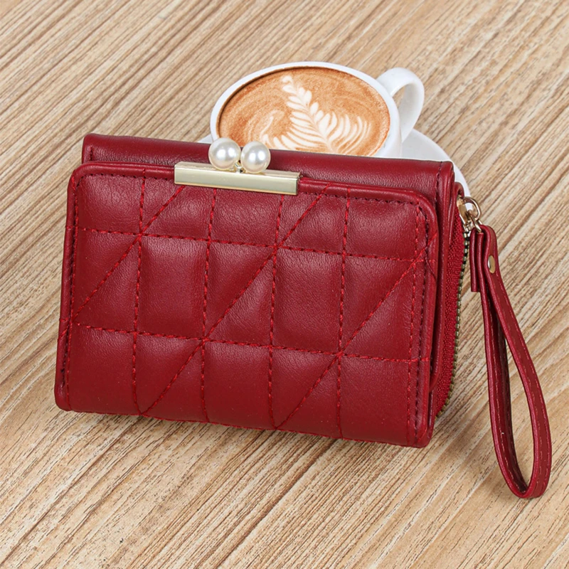 New Women's Wallet Fashion Multi Card Clutch Bag Ladies Pure Colour Pearl Tri-fold Large Banknote Bag