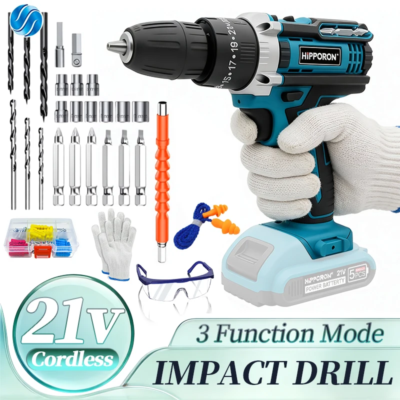 HIPPCRON 21V 10mm Cordless Impact Drill Driver Kit 25 GEARS+3 FUNCIONS Torque Settings with 3/8