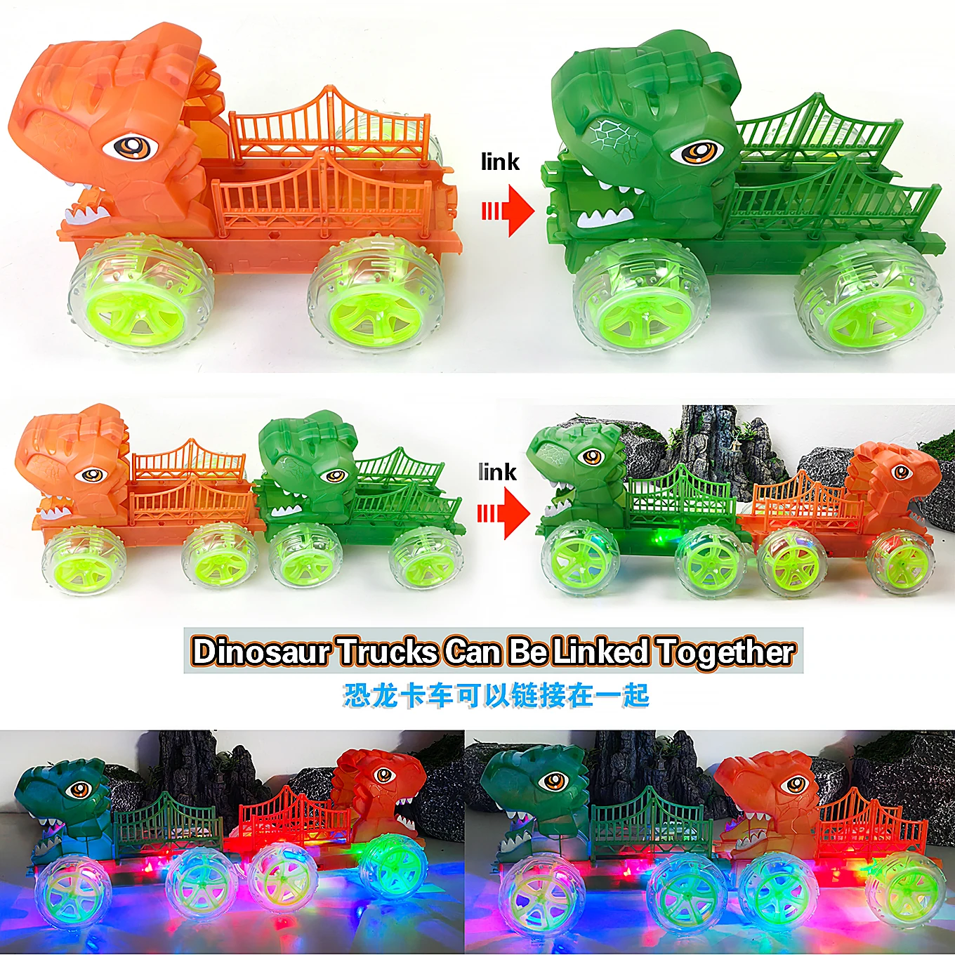 ألعاب شاحنة الديناصورات للأطفال من سن 3 إلى 6 سنوات شاحنة حامل سيارة النقل Tyrannosaurus، مجموعة ألعاب أضواء ملونة LED للأولاد والبنات #3
