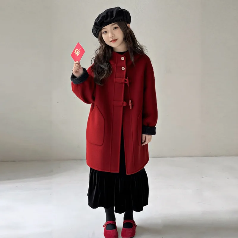 

Big Girls Red Double-Faced Wool Coat, Winter Thickened Trench for Kids Reversible Chic Outerwear New Arrival