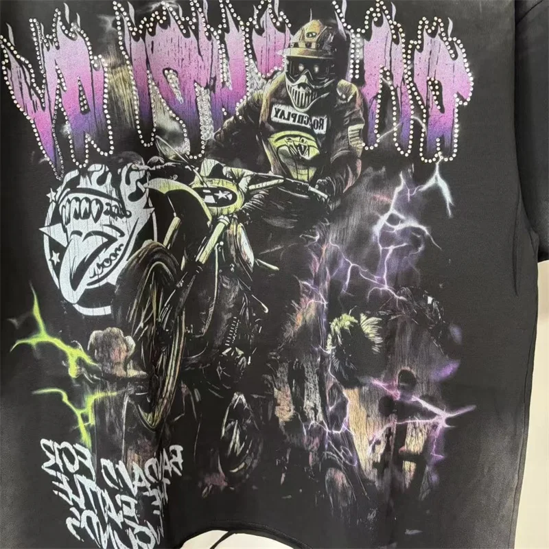 Washed Black Rough  Hip Hop T-Shirts Men Women Skeleton Motorcycle Printing Oversized T Shirt